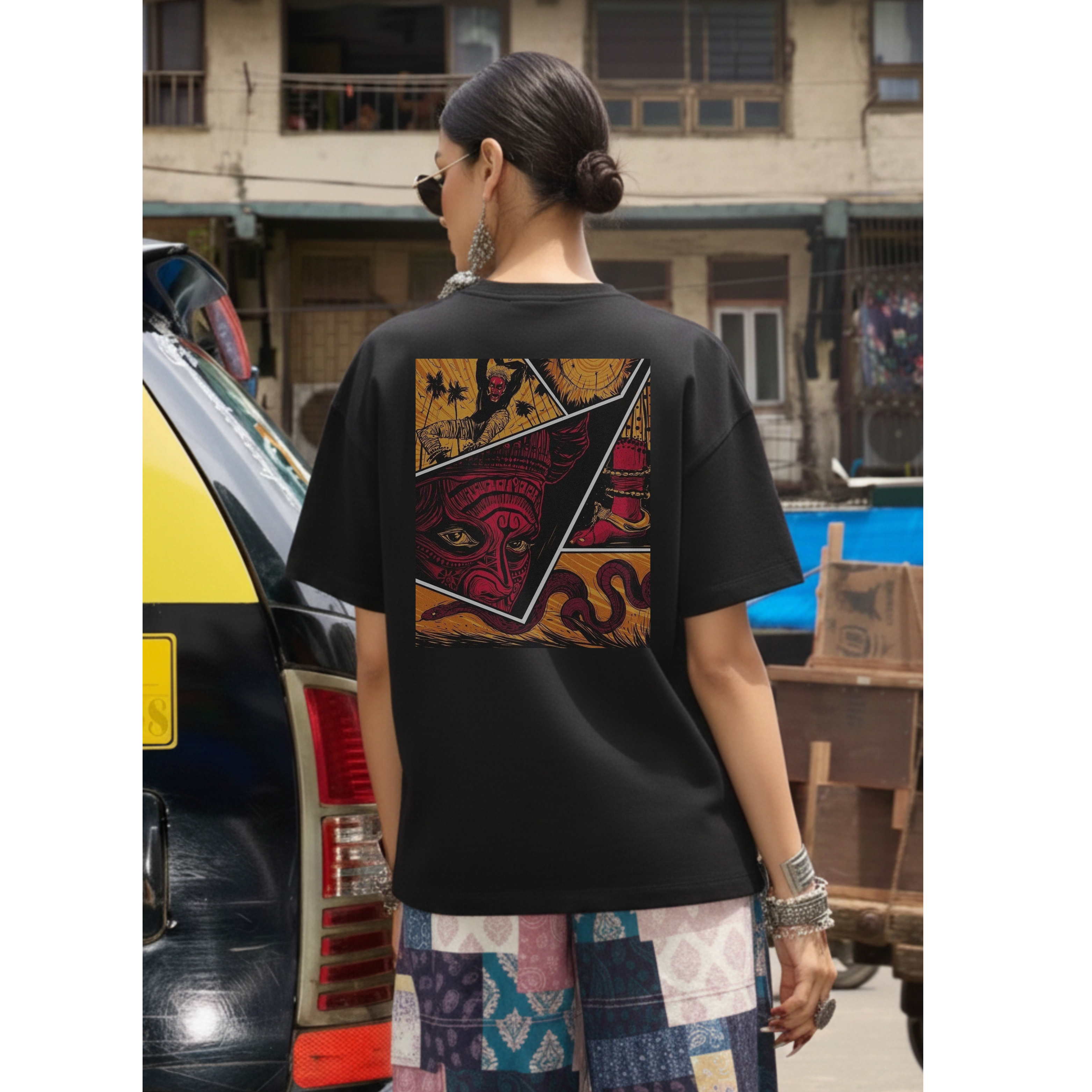 Indian Mythic Mask – Crimson Edition| Unisex Oversized Standard T-Shirt