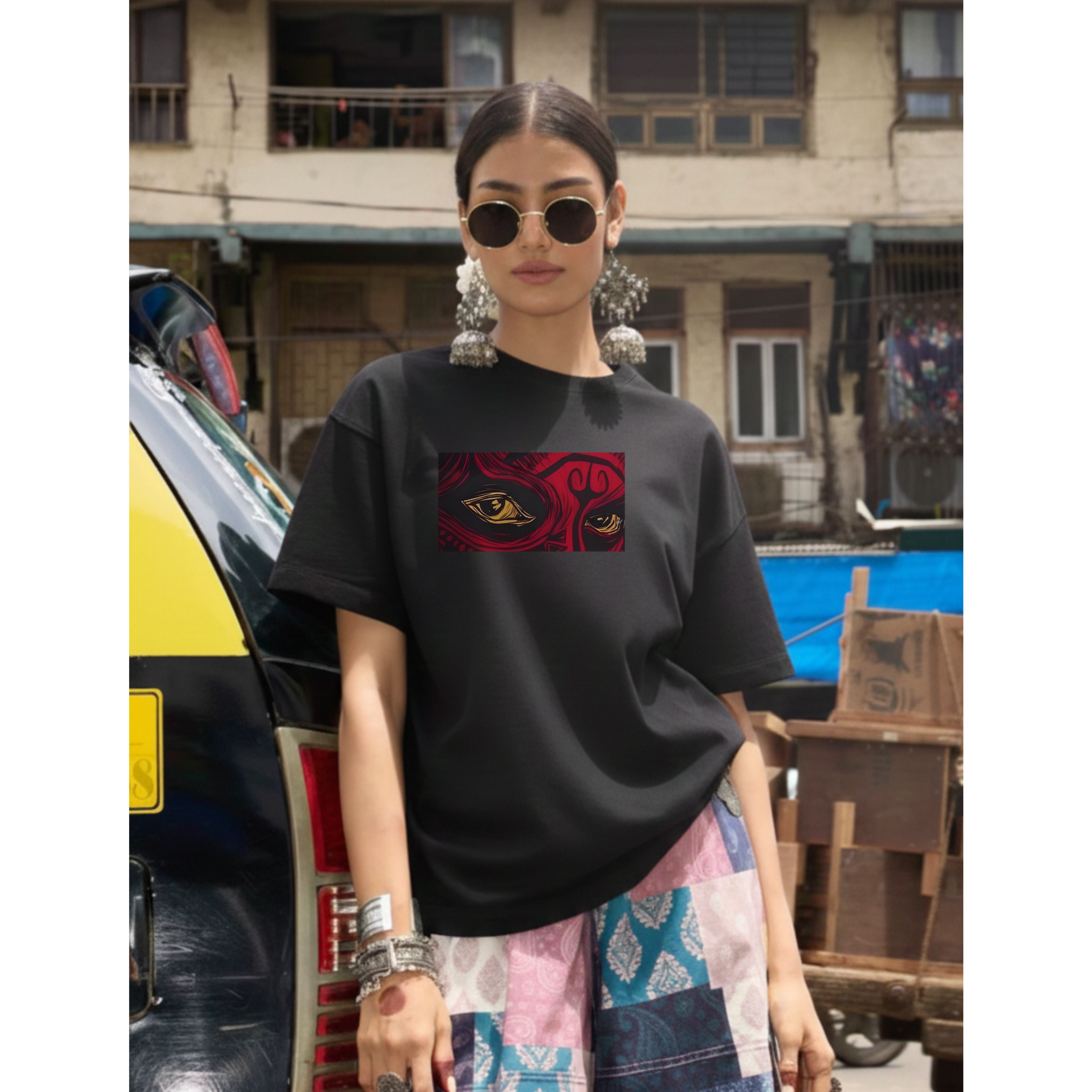 Indian Mythic Mask – Crimson Edition| Unisex Oversized Standard T-Shirt